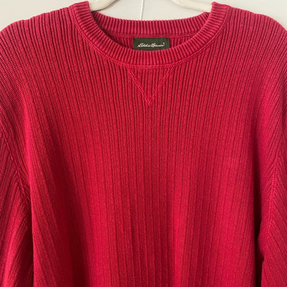 Vtg Eddie Bauer Classic Preppy Red Ribbed Crewneck Thick Knit Sweater XL Tall - Picture 3 of 7